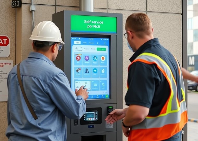 Equipo técnico trabajando sobre un terminal de autoservicio