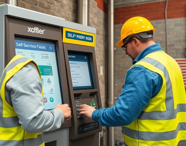 Técnico realizando el mantenimiento de un terminal de autoservicio
