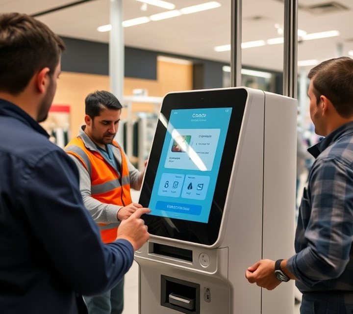 Técnico realizando el mantenimiento de un terminal de autoservicio