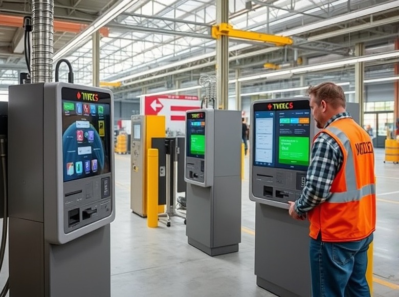 Técnico realizando el mantenimiento de un terminal de autoservicio